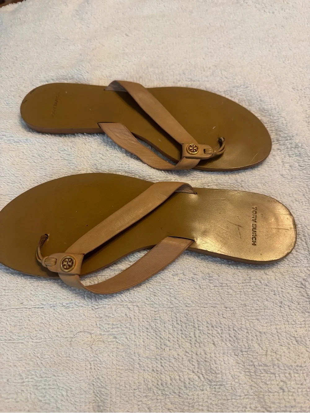 Tory Burch Leather Tan Brown Logo Flip Flop Sandals